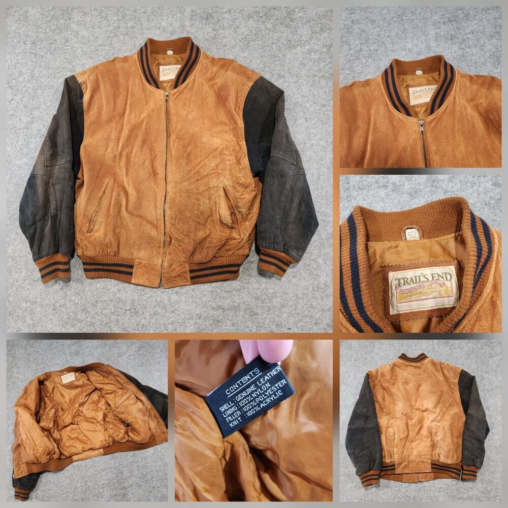 VTG Trail's End Mens L‎ Large Genuine Suede Leather Varsity Brown Bomber Jacket